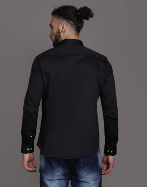 Black Patch Pocket Cotton Satin Men's Shirt