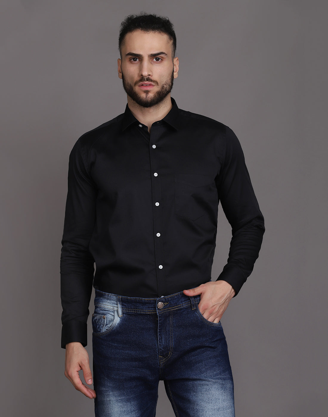 Black Patch Pocket Cotton Satin Men's Shirt